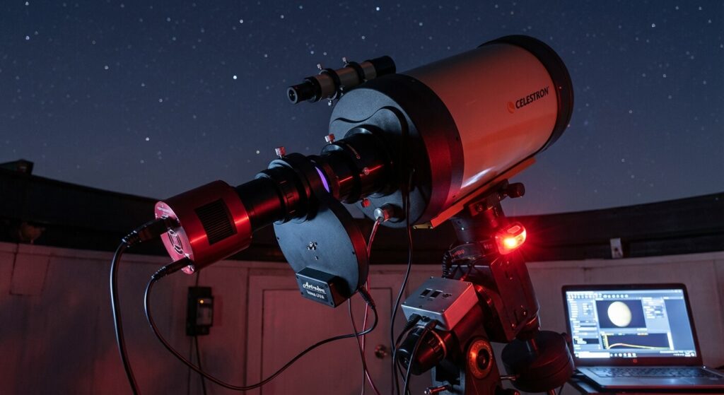 Photographier Vénus : Matériel, Filtres et Techniques d'Astrophotographie 3 Caméra planétaire équipée d'un filtre UV spécifique montée sur le porte-oculaire d'un télescope pour imager les nuages de Vénus