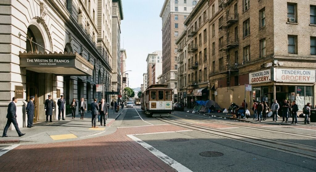 Le quartier du Tenderloin à San Francisco : Faut-il vraiment l'éviter ? 3 Contraste architectural marquant la frontière invisible entre les hôtels de luxe d'Union Square et les ruelles sensibles du Tenderloin