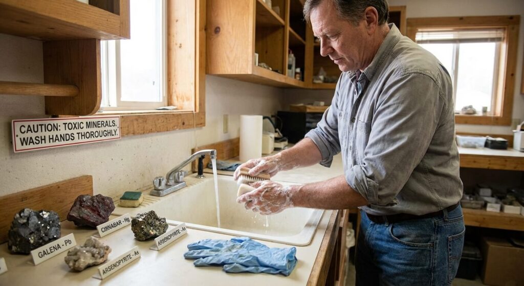 Collectionneur se lavant rigoureusement les mains au savon après avoir manipulé des minéraux toxiques contenant des métaux lourds