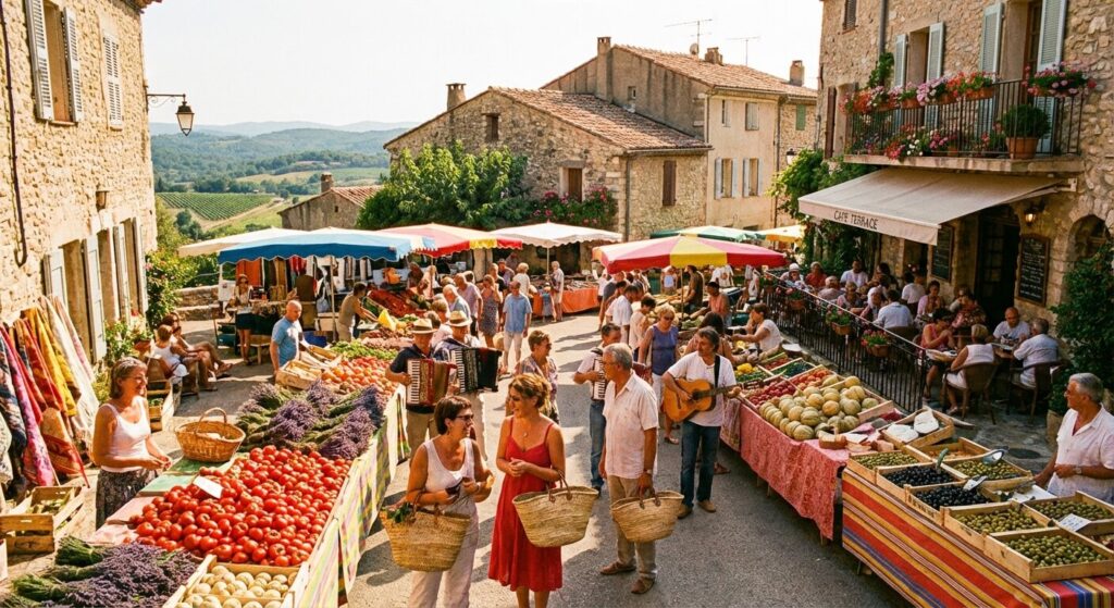 Ambiance colorée et conviviale d'un marché provençal dans un village perché du Haut-Var