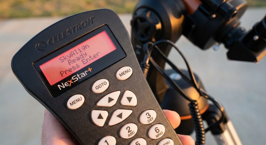 Bresser vs Celestron : Quel télescope choisir pour l'astronomie ? 3 Gros plan sur la raquette de commande informatisée GoTo d'une monture Celestron, atout majeur de la marque américaine