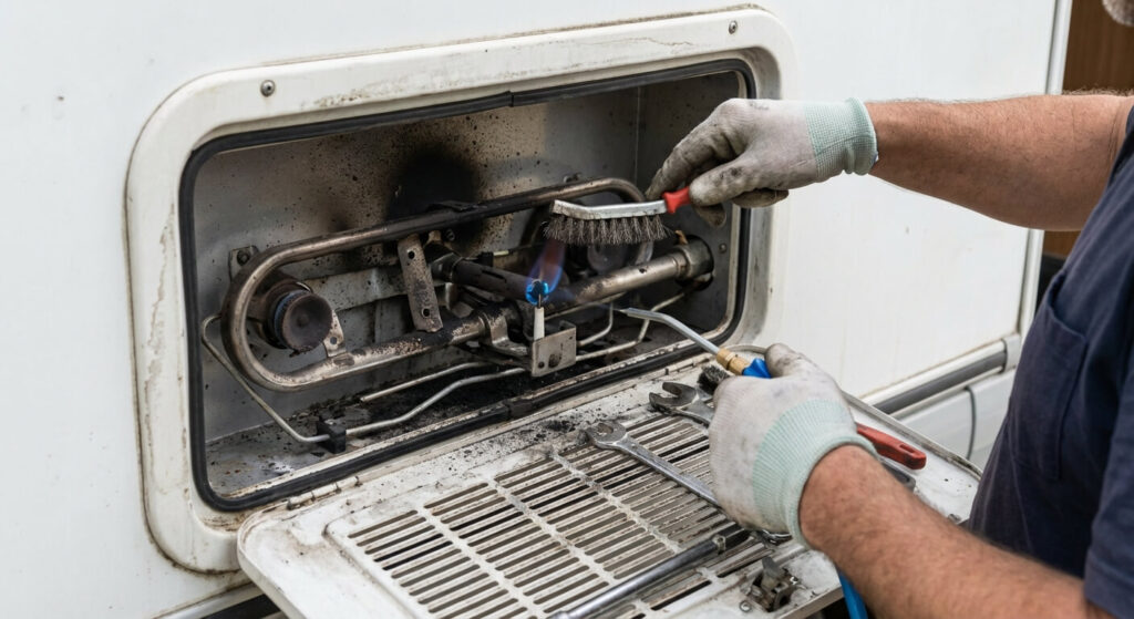 Intervention technique de nettoyage du brûleur gaz et de l'étincelle piezzo derrière la grille d'aération du réfrigérateur