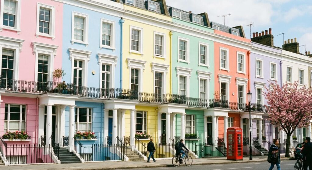 Alignement de maisons aux façades colorées typiques du quartier de Notting Hill à Londres