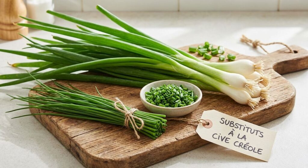 Oignons nouveaux avec leurs longues tiges vertes et ciboulette fraîche, les meilleurs substituts aromatiques à la cive créole