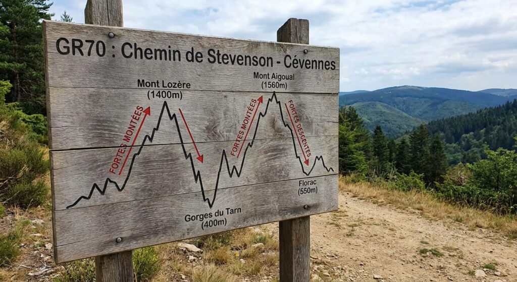 Chemin de Stevenson (GR70) : Quelle est la difficulté réelle du parcours ? 3 Le profil altimétrique accidenté du GR70, montrant les fortes descentes et montées dans la région des Cévennes