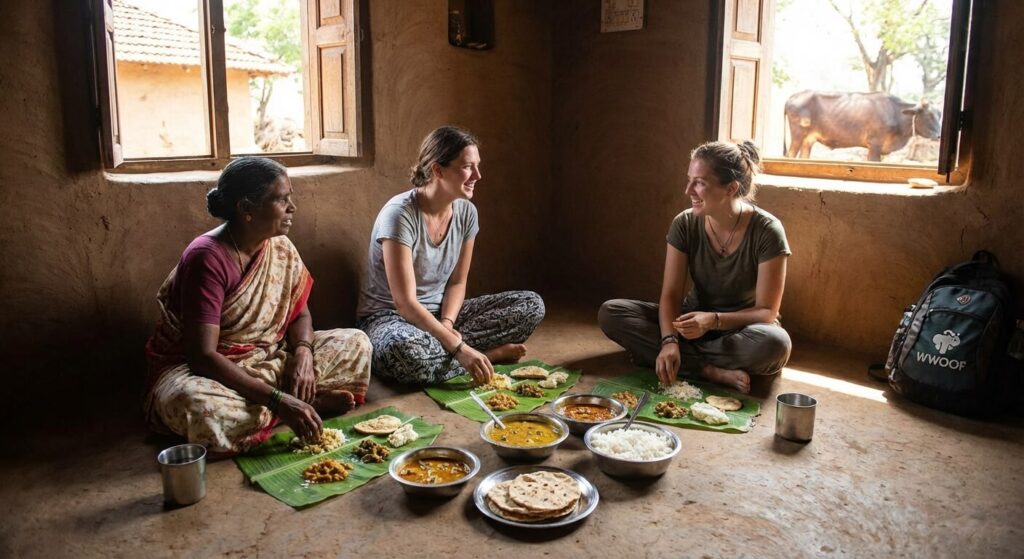 Partage d'un repas traditionnel végétarien avec une famille d'accueil rurale indienne lors d'une expérience de WWOOFing