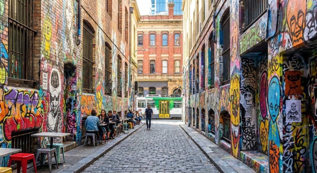 Ruelle couverte de street art coloré dans le centre historique et culturel de Melbourne