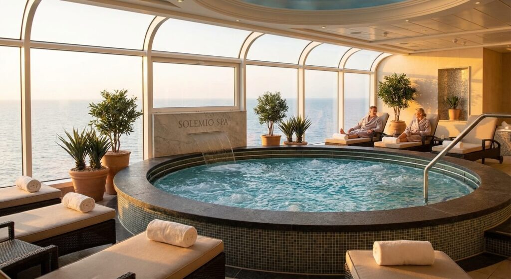 La piscine de thalassothérapie du spa Solemio à bord du Costa Smeralda, offrant un cadre de relaxation luxueux.
