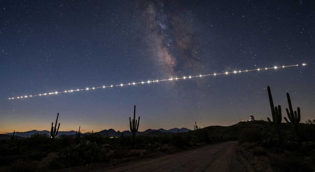 Étoile qui se déplace rapidement dans le ciel : Qu'avez-vous vu ? 3 Alignement spectaculaire de dizaines de points lumineux se déplaçant à la queue leu-leu, correspondant au train de satellites Starlink de SpaceX