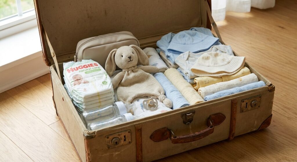 Valise ouverte contenant les essentiels de voyage pour un nourrisson : couches, biberons, doudou et vêtements légers