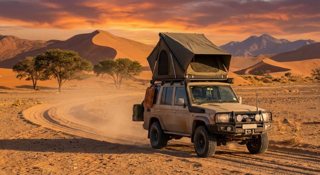 Véhicule 4x4 équipé d'une tente de toit circulant sur une piste sablonneuse en plein désert namibien