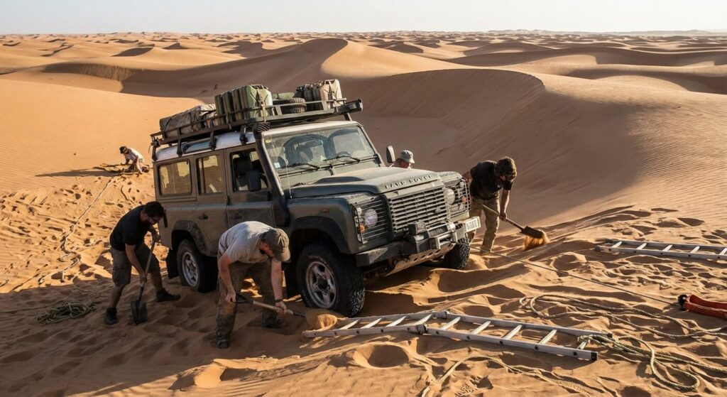 Véhicule tout-terrain ensablé dans les hautes dunes du Sahara tunisien, illustrant le véritable danger logistique de l'expédition