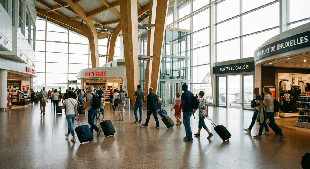 Intérieur moderne du terminal de l'aéroport de Bruxelles avec des passagers se dirigeant vers les portes d'embarquement.