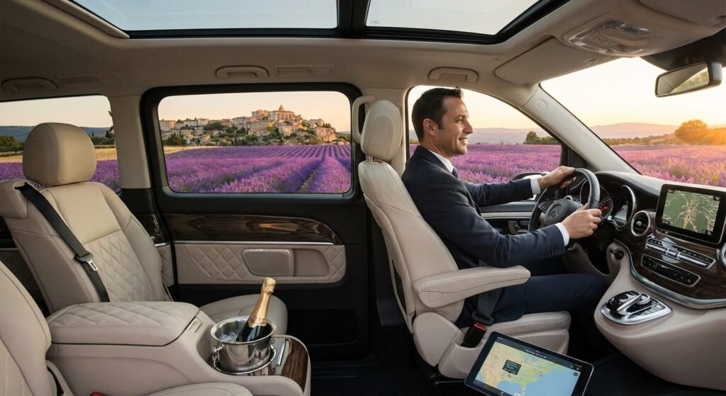 Intérieur d'un van de luxe avec chauffeur privé, offrant une vue imprenable sur les champs de lavande et un village perché du Luberon à travers la fenêtre.