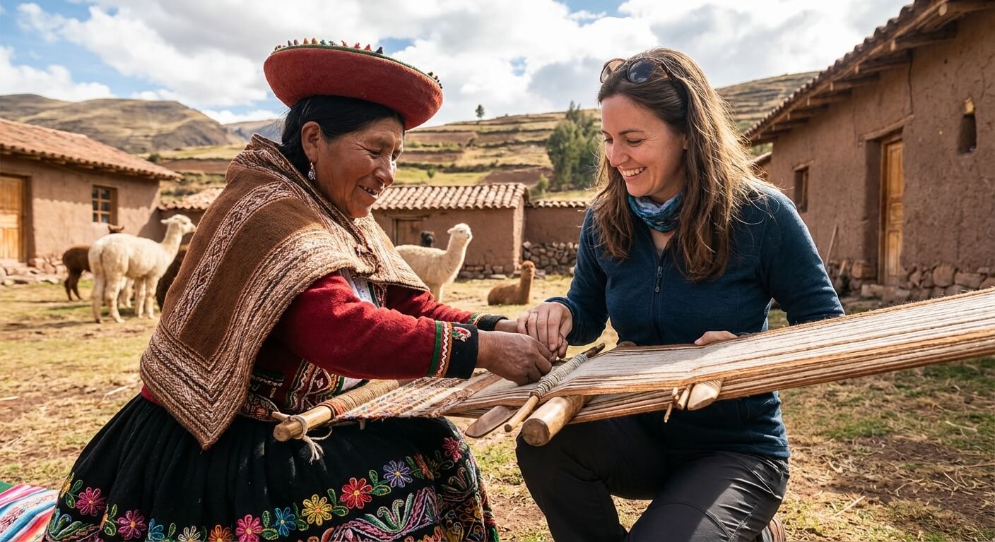 Une femme péruvienne en costume traditionnel quechua transmettant son savoir-faire du tissage à un voyageur lors d'une immersion solidaire.
