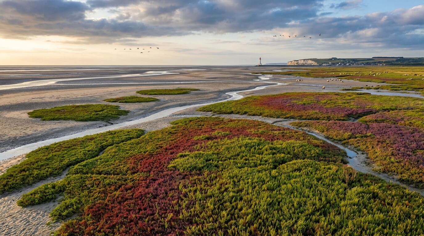Vue panoramique sur l'estuaire de la Baie de Somme à marée basse avec ses étendues de sable et de salicorne.