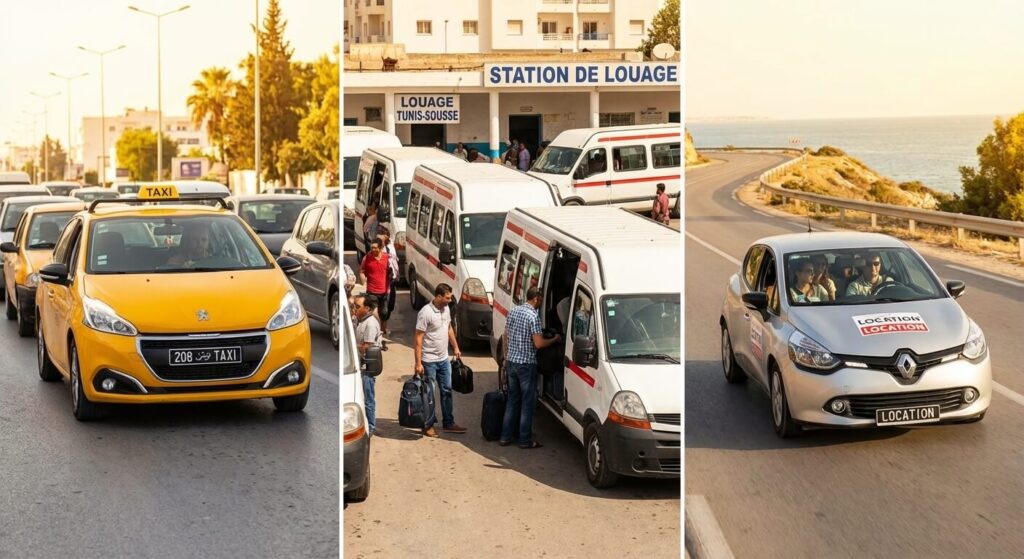Comparatif des modes de transport en Tunisie : taxi jaune, station de louage et voiture de location sur une route ensoleillée.