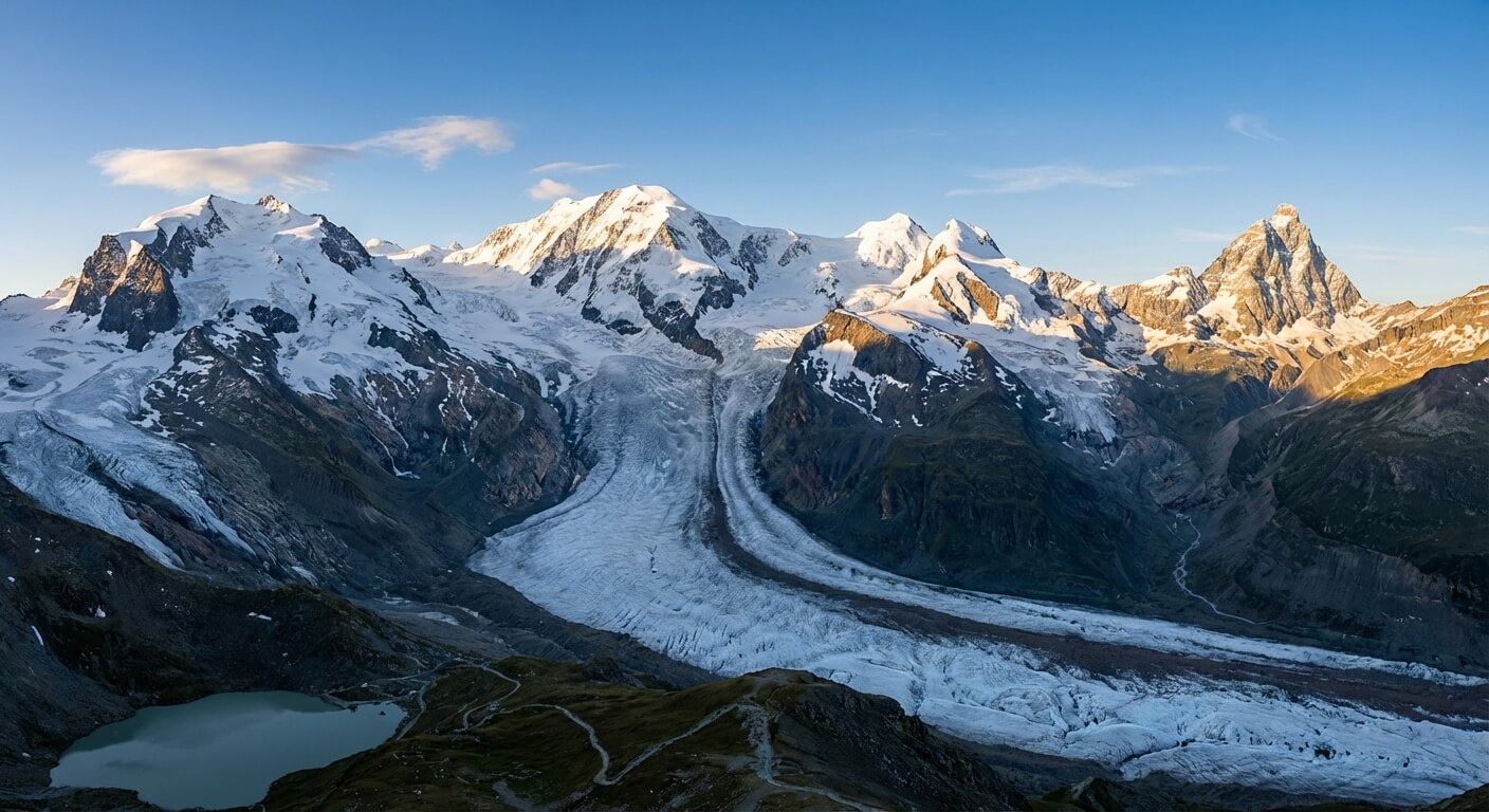 Vue grandiose sur les sommets enneigés et les glaciers acérés du massif des Alpes