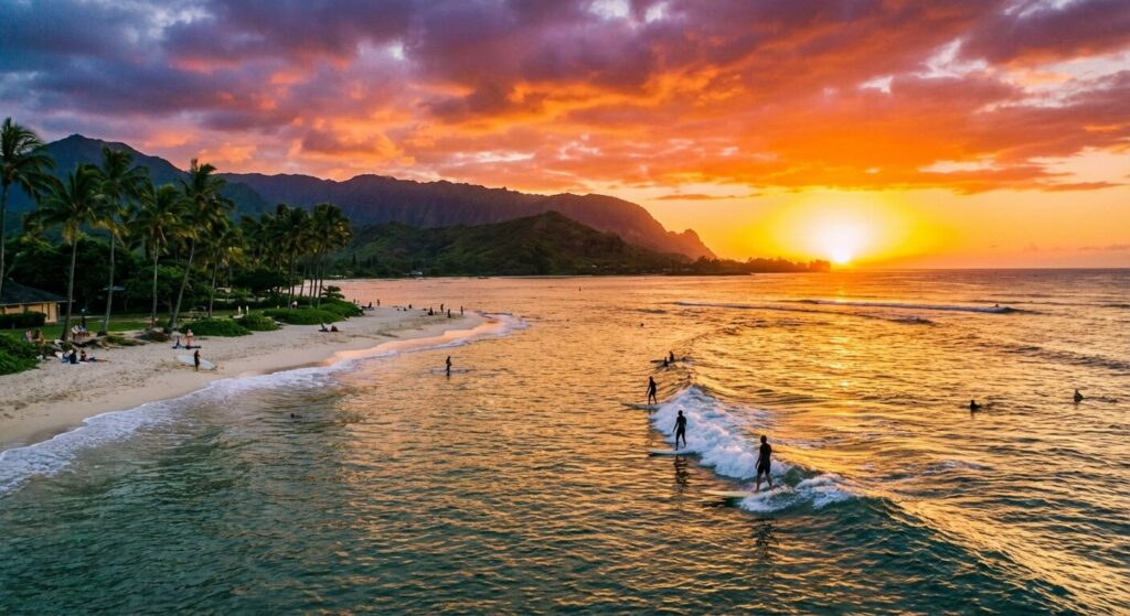Vue idyllique d'une plage hawaïenne avec des surfeurs profitant du soleil couchant