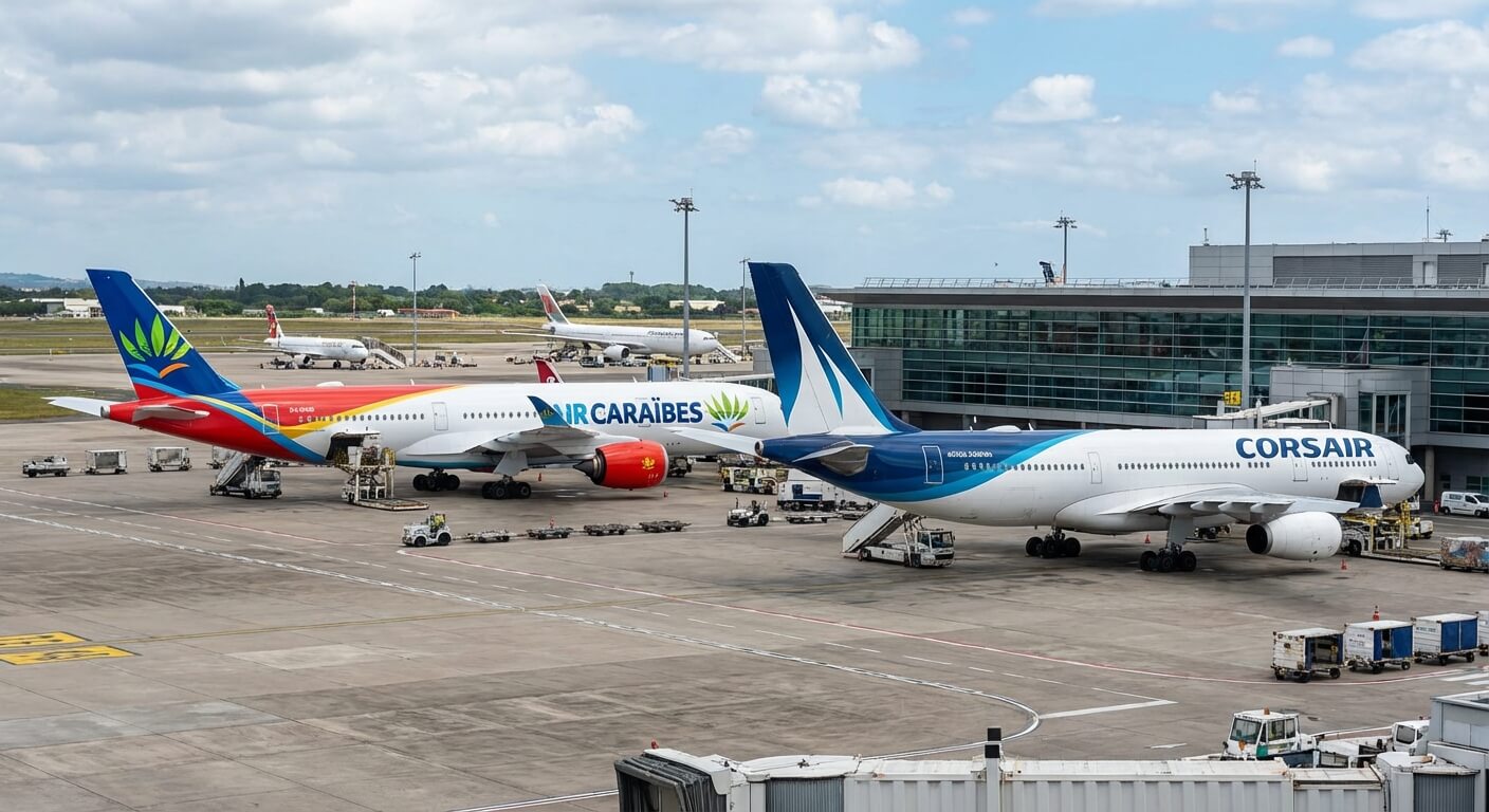 Avions des compagnies Air Caraïbes et Corsair stationnés sur le tarmac d'un aéroport international