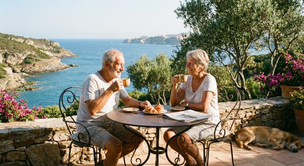 Couple de retraités profitant d'un café sur une terrasse ensoleillée avec vue sur la mer en Corse