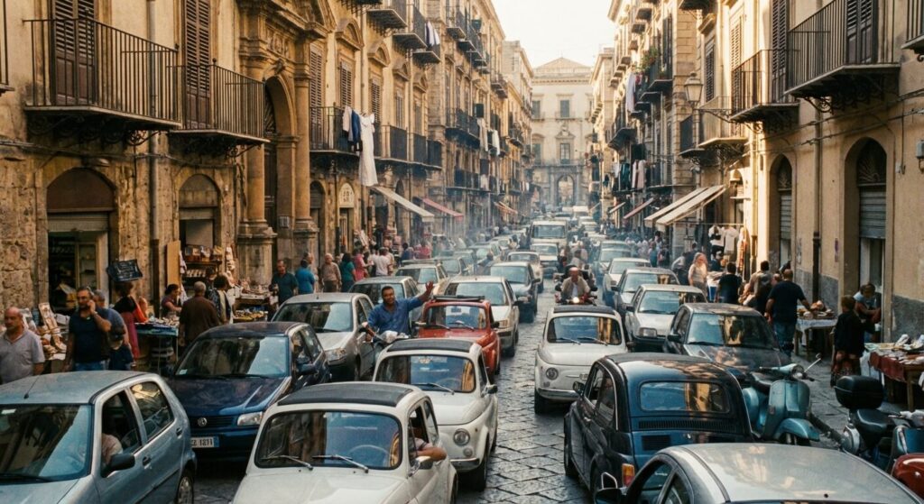 Trafic dense et conduite chaotique dans les rues historiques étroites de Palerme en Sicile