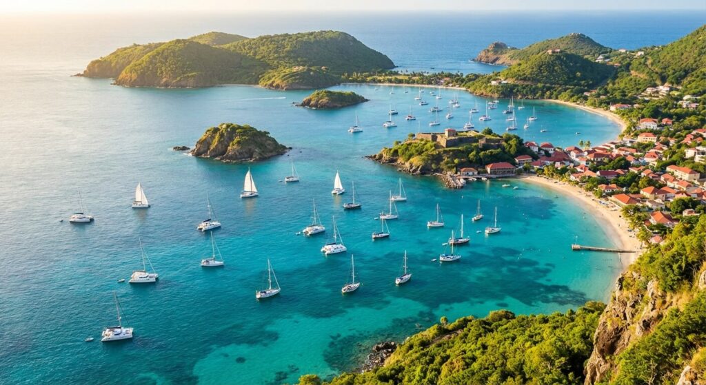 Vue plongeante sur la magnifique Baie des Saintes classée parmi les plus belles du monde, parsemée de voiliers