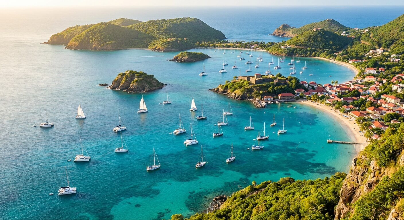 Vue plongeante sur la magnifique Baie des Saintes classée parmi les plus belles du monde, parsemée de voiliers