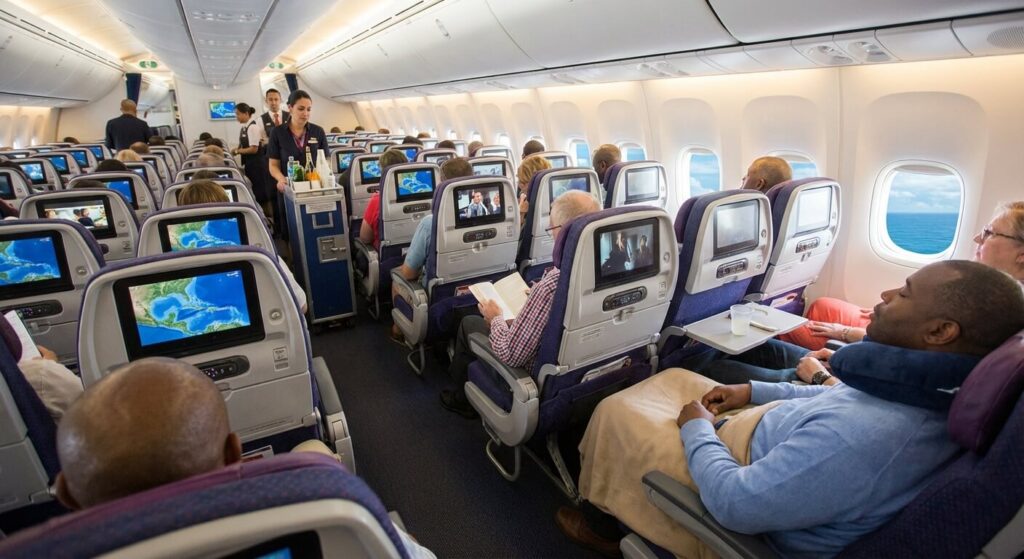 Passagers installés confortablement dans la cabine classe économique d'un vol long-courrier vers les Antilles