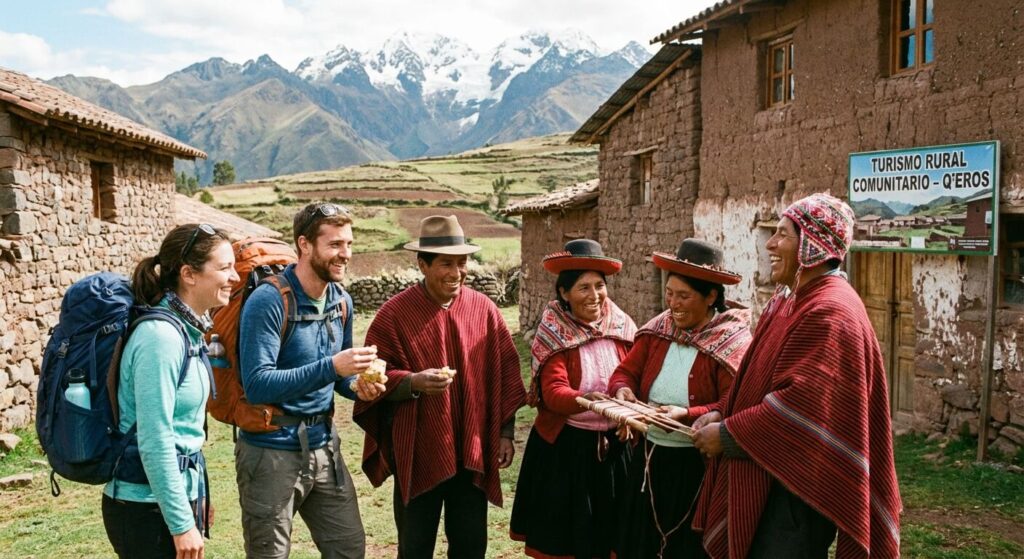 Voyage solidaire au Pérou : échange authentique entre voyageurs et membres d'une communauté locale dans la Cordillère des Andes.