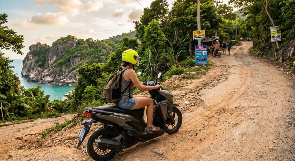 Koh Tao est-elle vraiment une île dangereuse pour les touristes ? 3 Touriste portant un casque lors de la location d'un scooter sur les routes escarpées de Koh Tao