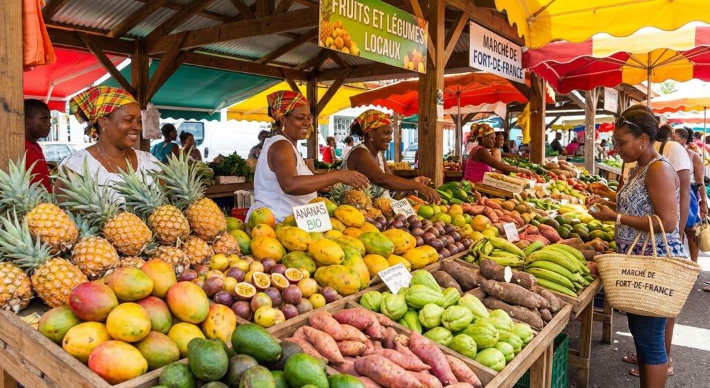Martinique ou Guadeloupe pour vivre : Le comparatif pour votre expatriation 3 Étalage coloré de fruits et légumes exotiques sur un marché local typique des Antilles françaises