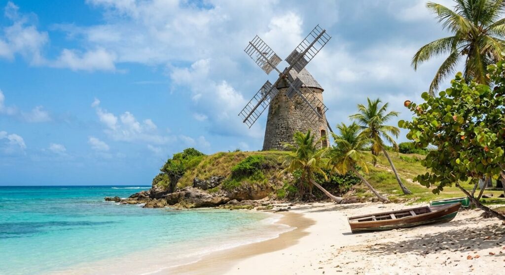 Ancien moulin à vent en pierre dominant une plage de sable blanc immaculé sur l'île de Marie-Galante