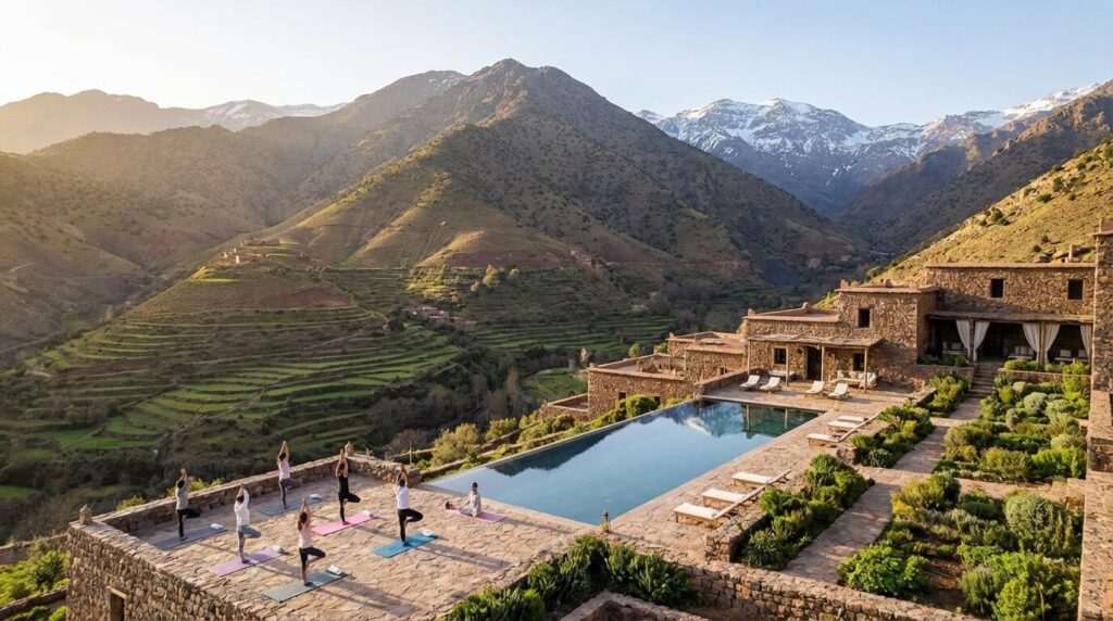 Vue panoramique sur les montagnes de l'Atlas, cadre idéal pour un séjour de remise en forme au Maroc.