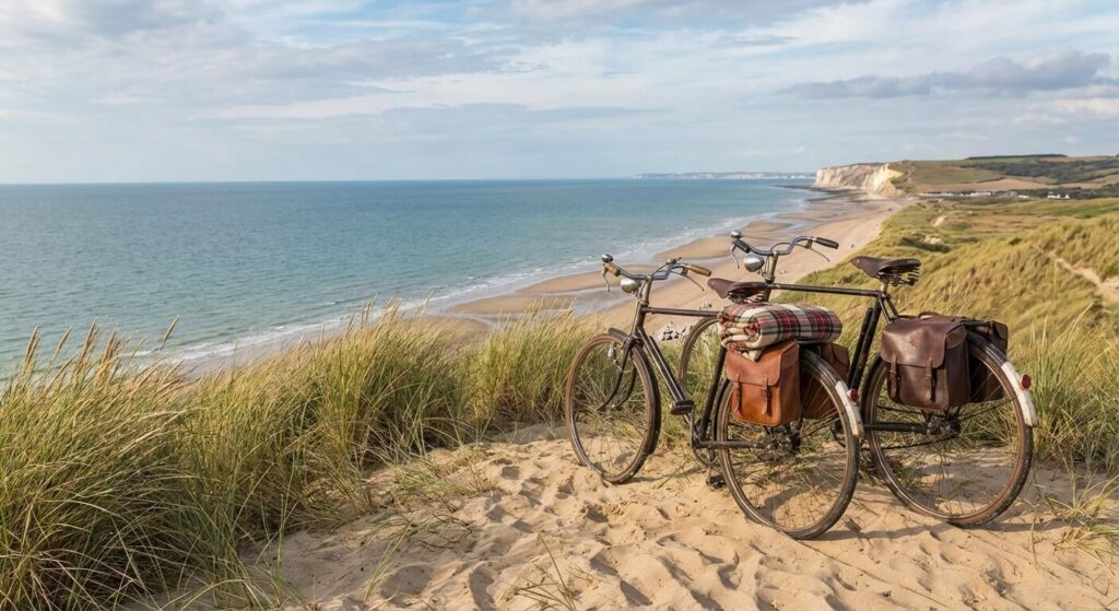 Des vélos garés au sommet d'une dune de sable offrant une vue imprenable sur le littoral picard.