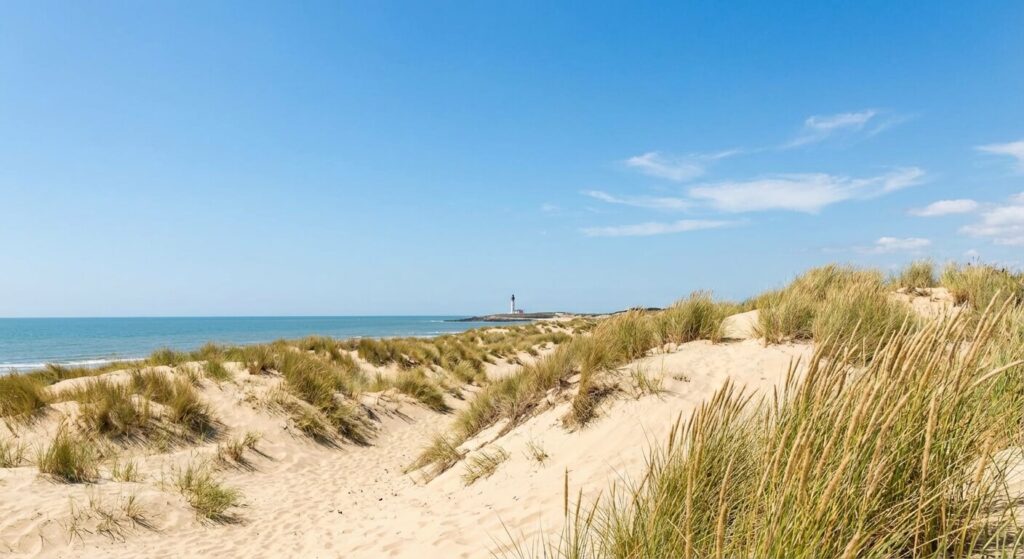 Une vaste étendue de sable fin et de dunes à La Faute-sur-Mer, sous un ciel ensoleillé en Vendée.