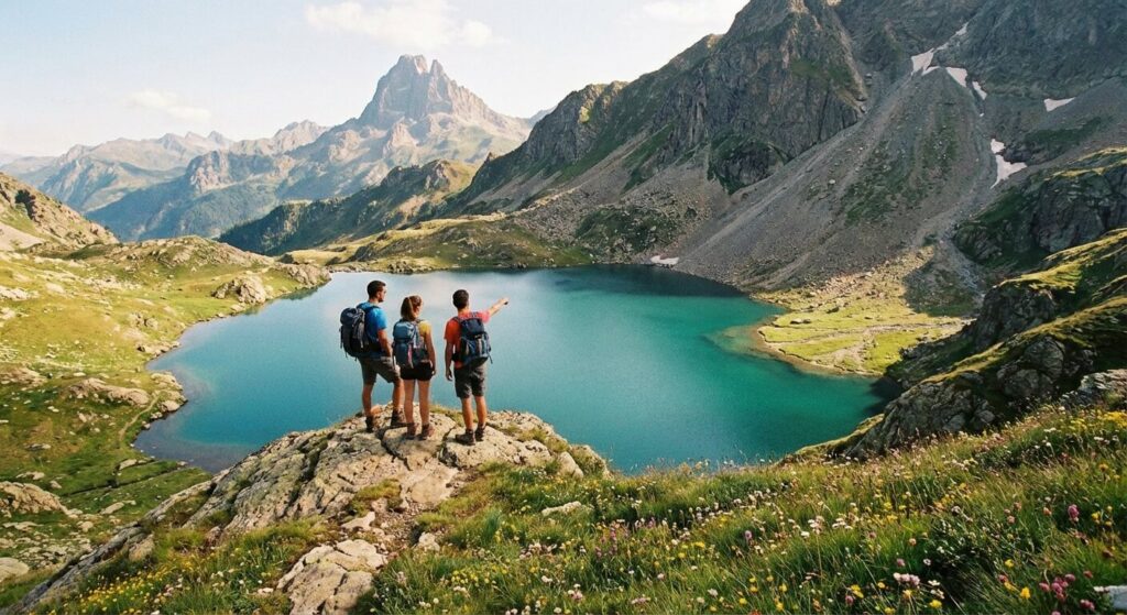 Alpes ou Pyrénées : Quel massif choisir pour vos vacances ? 3 Randonneurs admirant un lac d'altitude sauvage et préservé dans le massif des Pyrénées