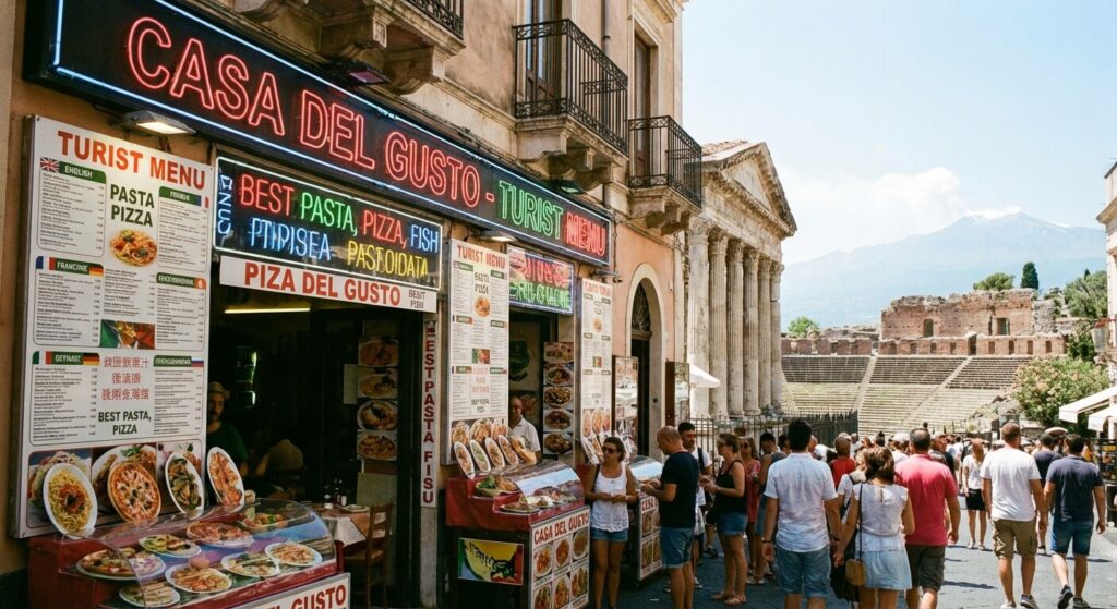 Devanture d'un restaurant attrape-touriste avec des menus traduits en plusieurs langues près d'un monument