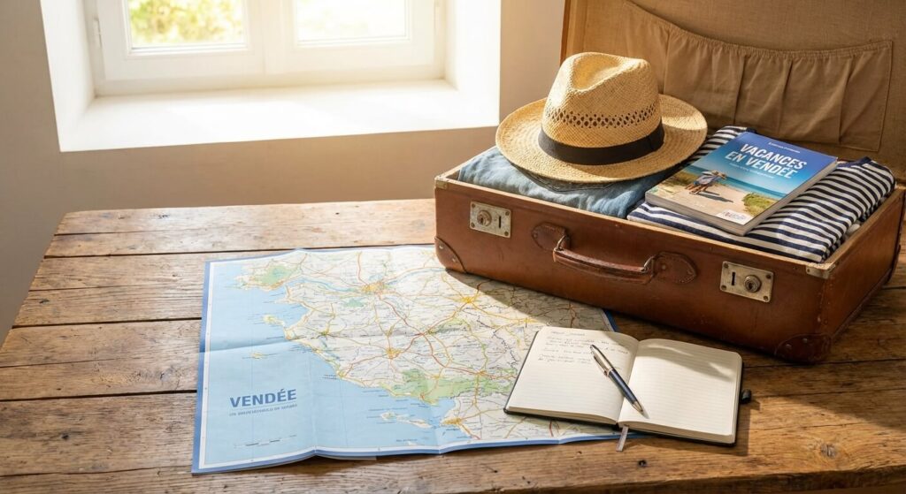 Une carte de la Vendée posée à côté d'une valise ouverte, illustrant la préparation des vacances.