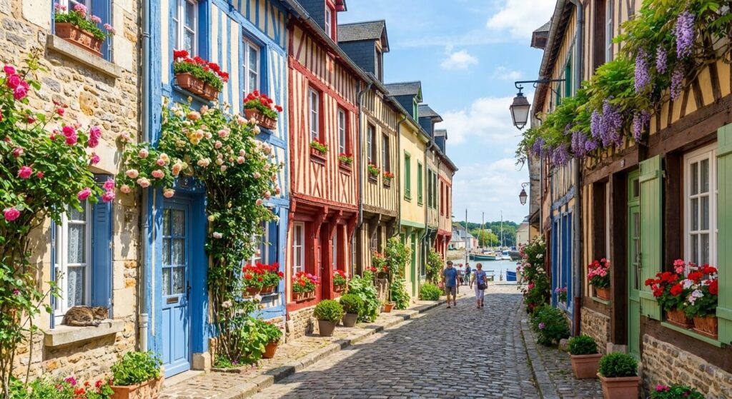 Façades colorées et fleuries des maisons de pêcheurs du quartier historique de Saint-Valery-sur-Somme.