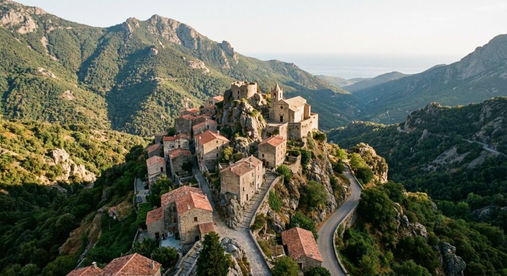 Village pittoresque perché dans les montagnes corses illustrant le charme et l'isolement insulaire