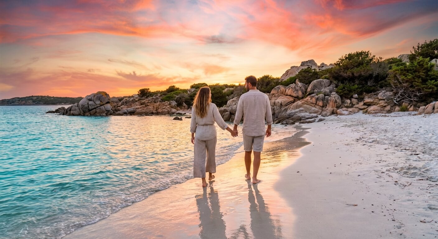 Couple d'amoureux marchant sur une plage paradisiaque de sable blanc en Sardaigne au coucher du soleil