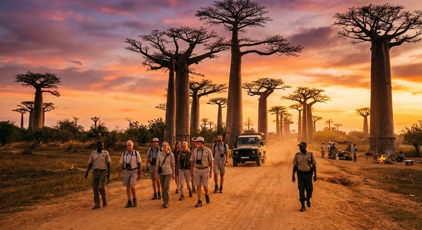 Groupe de touristes se promenant en toute sécurité dans la célèbre Allée des Baobabs à Madagascar au crépuscule