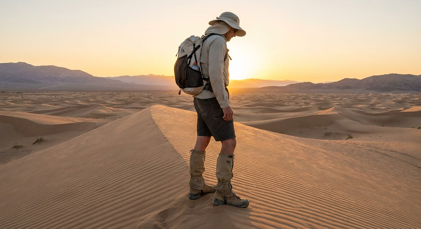 Randonneur portant des chaussures adaptées pour le désert sur une dune de sable