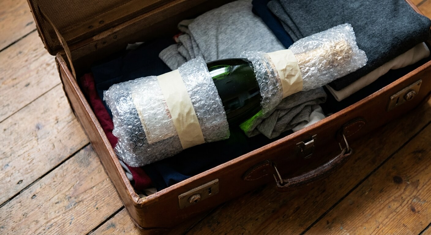 Bouteille de champagne soigneusement emballée dans du papier bulle à l'intérieur d'une valise