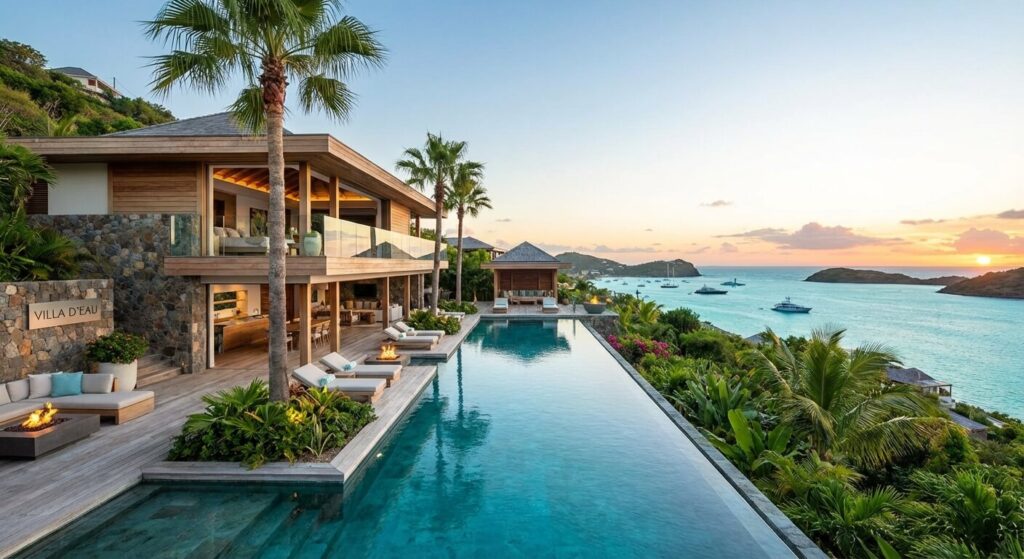 Superbe villa de luxe avec piscine à débordement offrant une vue panoramique sur l'océan à Saint-Barthélemy.