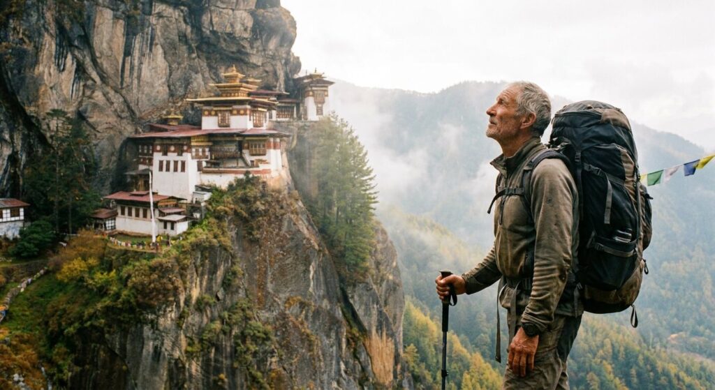 Voyageur en solitaire admirant le célèbre monastère de Taktsang accroché à la falaise au Bhoutan