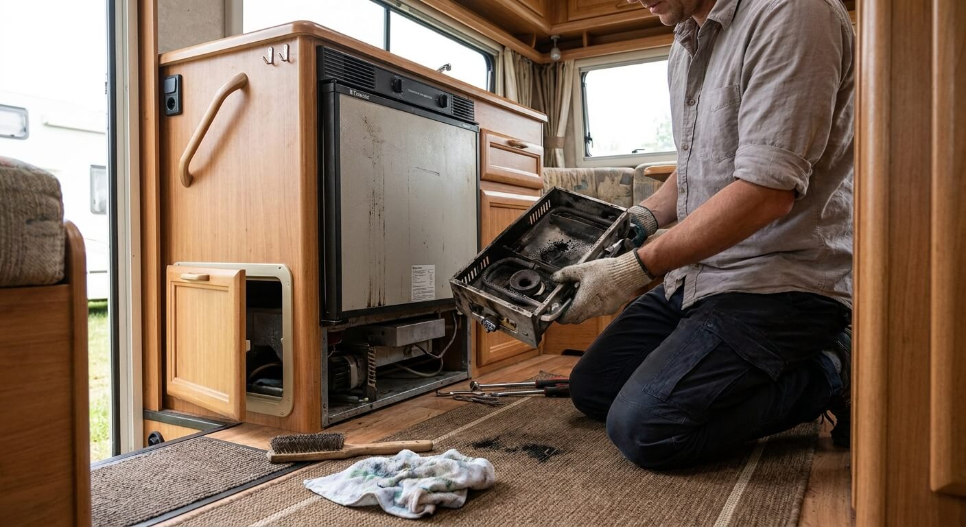 Démontage et nettoyage du brûleur à l'arrière d'un réfrigérateur trimixte dans un camping-car