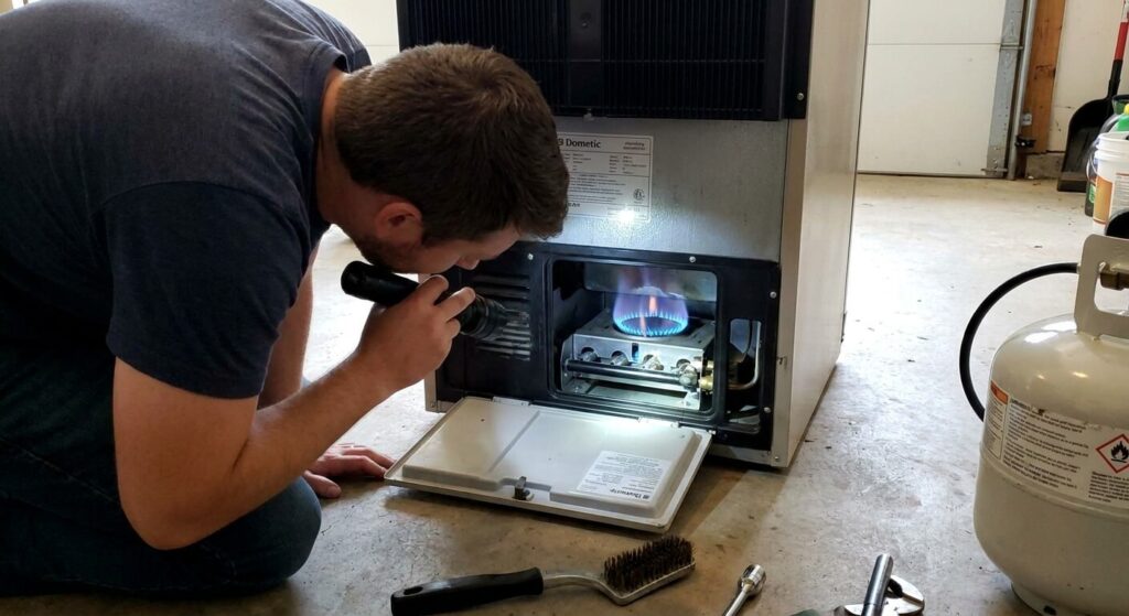 Vérification visuelle de la flamme bleue du brûleur gaz d'un réfrigérateur à absorption