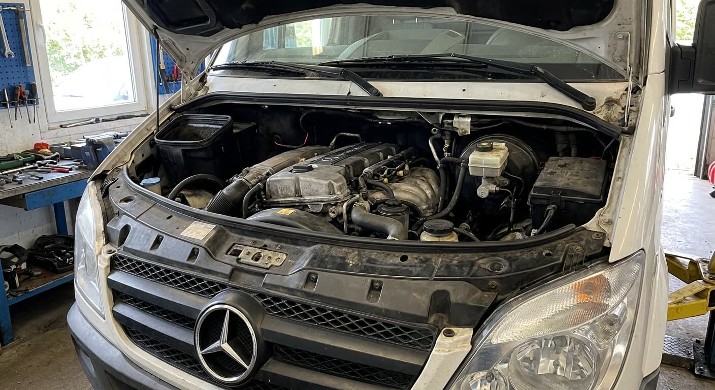 Vue du bloc moteur diesel 5 cylindres OM612 sous le capot d'un utilitaire Mercedes Sprinter